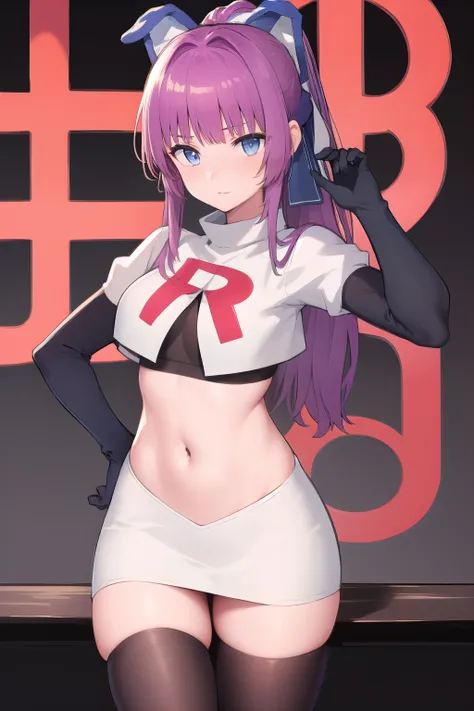 (masterpiece, best quality:1.2),illustration,8k,hd,1girl,solo,purple_hair,blue_eyes,very_long_hair,animal_ears,bangs,fake_animal_ears,ribbon,hair_ribbon,hair_ornament,ponytail,team rocket,team rocket uniform,white skirt,red letter R,crop top,black thigh-hi...