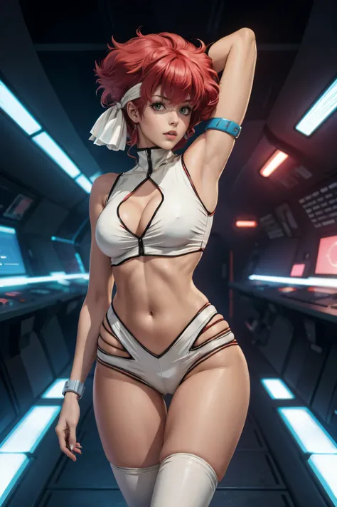 skinny Kei from The Dirty Pair, emaciated, wearing a tight white outfit, skinny frame, skinny legs, medium breast, red hair beauty, cyberpunk city background, holding retro space-gun, green headband, slim waist, slim thighs, skinny thighs, thin thighs, sle...