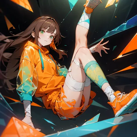 Blue dark shorts, orange glass sweatshirt, (((glass-like patterned sweatshirt))), broken glass sweatshirt, (((translucent glass sweatshirt)))), dark brown long hair, dark green eyes, left leg in tights, right leg bandaged, orange sneakers, cute girl