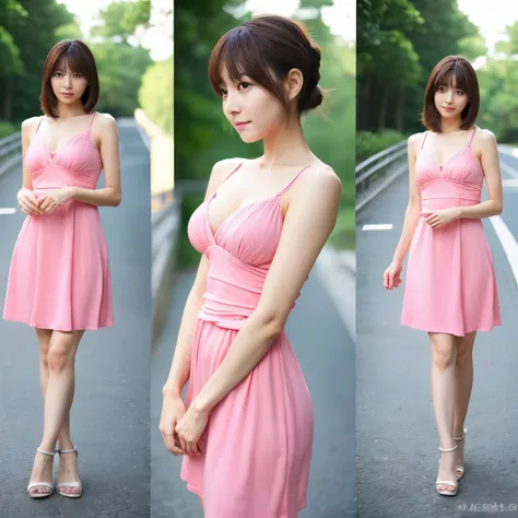 (Highly realistic photos, High resolution, detailed face, fine eyes, different angles) japanese woman, 40 years old, cute face, lean body shape, very thin waist, different hairstyles, various tight dresses, color々standing in a place, full body photo