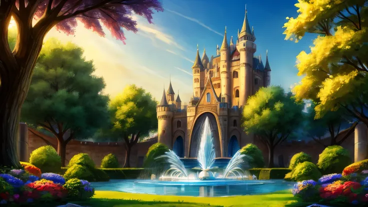 castle, palace, water fountain, vegetation, trees, flowers, castle landscape