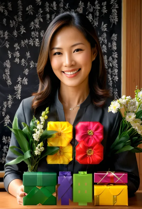 (number art,Realistic,Lifelike)，1 smiling oriental female teacher in the classroom,flowers and gifts,(Chiaroscuro,Ray Tracing)