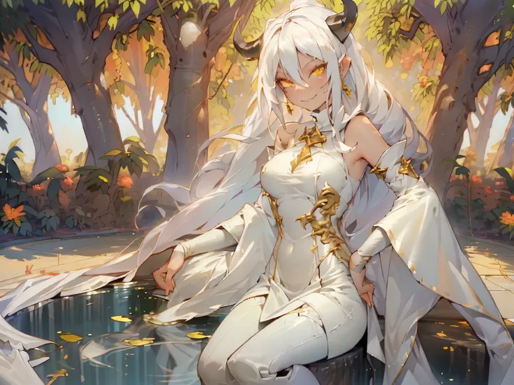 1 tiefling, female, golden eyes, 27 years old, green skin, white hair, black horns on the head, white dress, knee-high boots, 6 foot tall, skinny, smirks, mahjong tiles laying on the floor, inside a garden, sun shines, evening, standing beneath an old tree