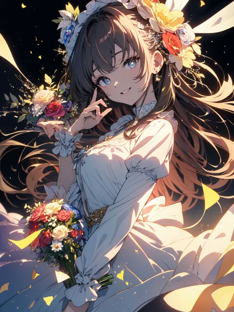 ((masterpiece)), ((highest quality)), ((High resolution)), ((very detailed、 8k wallpaper)), girl、(Shining eyes)、lolita dress、best smile、make a heart with both hands、bouquet、beautiful anime