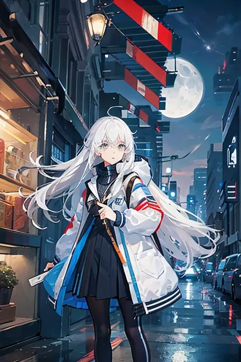 girl,white hair,holding a pistol,white jacket,blue stripe on jacket,long hair,There is a strand of hair on the right side.,city background,nighttime,moonlight,High quality