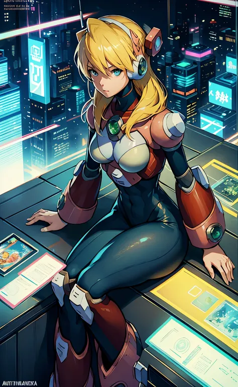 alia_megamanx sitting on the edge of the top of a building in tokyo - bak cyberpunk city in the background, ssci - fi, fantasia,...