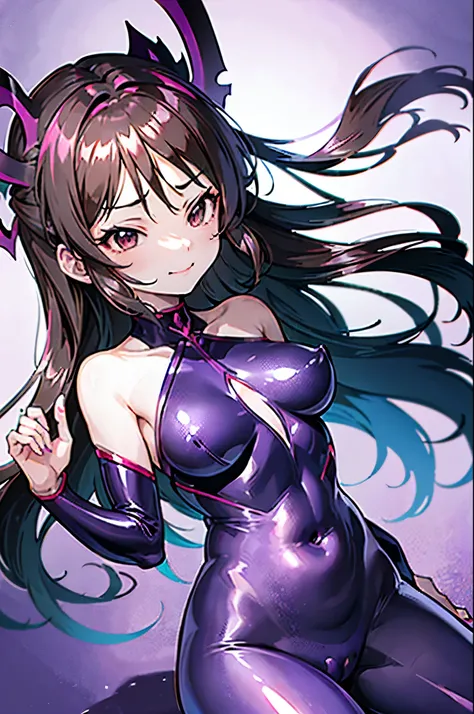 draw the face carefully　Anime style high quality face　super shiny skin　black and purple leotard with red trim　Pink pantyhose　succubus　lure　smile　back view