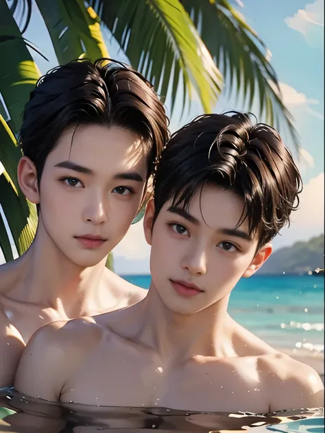 highest quality portrait of two young guys on the beach knee-deep in water. two young attractive boys swimming in the sea, compl...