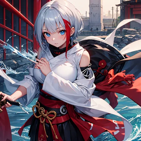 a girl wearing heavy samurai armor outside a dojo, short silver hair, a red fringe, blue eyes.