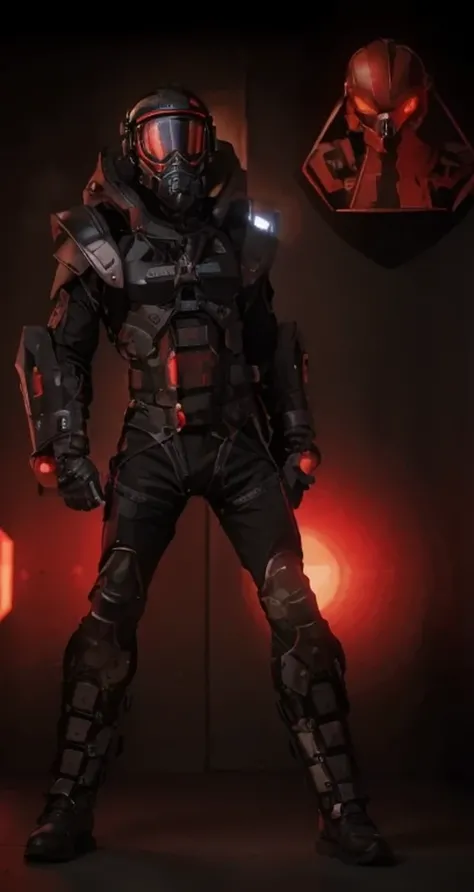 male soldier, ultra modern cybernetic pilot heavy armor in black with red details, metal shoulder pads, metal wrist guards, ultra modern gas mask with four red eyes, tubes and cables pilot suit, he is in inside a military hangar with military planes black ...