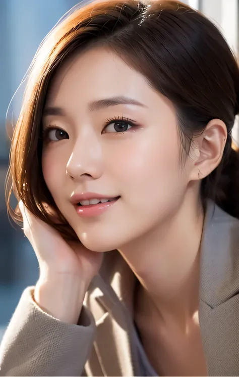 table top,(Super high quality),japanese girl,Delicate face during lunch,delicate skin,delicate nose,delicate lips,delicate hair,beautiful face,angle facing the viewer,laugh and have fun,stylish cafe,beautiful cityscape,smooth semi-long chignon,delicate eye...