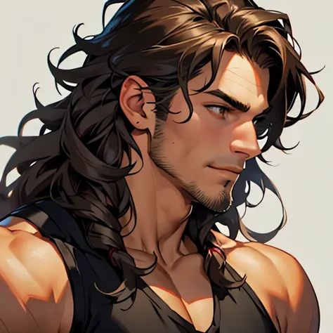 Handsome male. My hair is dark and very wavy curls with face-framing strands of curls on both left and right side of face, middle parted with even weighting on both left and right side of face, with streaks of silver throughout. I have a strong jawline, hi...