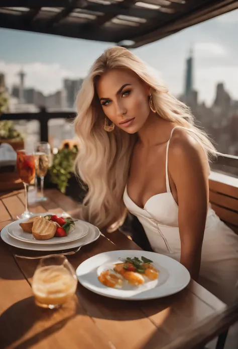 Pictured is Jenny at a trendy rooftop restaurant...., enjoying a delicious brunch overlooking the city skyline.,original,Jenny is a woman with tanned skin...., a lot of makeup, Long straight blonde hair, big breasts and butt, female