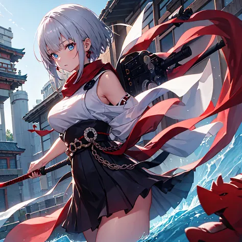 a girl wearing heavy samurai armor outside a dojo, short silver hair, a red fringe, blue eyes.