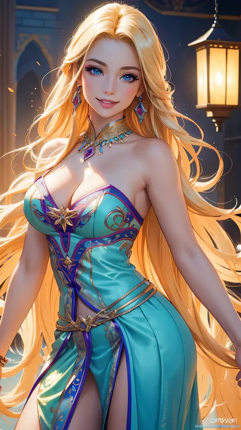 (best quality,ultra-detailed,photo-realistic:1.37),bright and vibrant colors,studio lighting,playful expression,stylish makeup,long blonde hair flowing in the wind,alluring eyes,glossy lips,sexy pose, Disney Princess, Castle, smiling in a confident and sed...