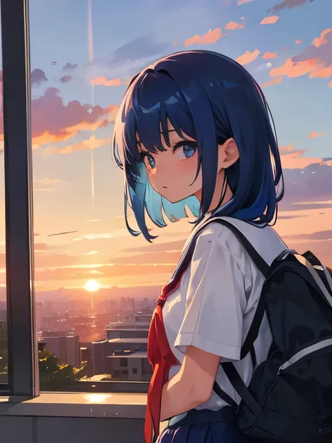 sunset、blue hair、school uniform