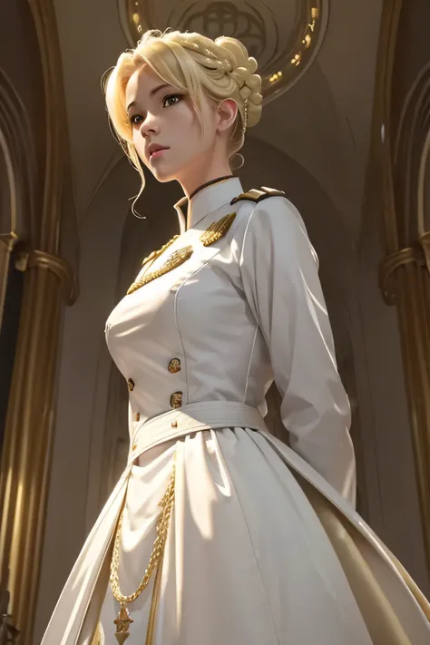 sword of light、white military uniform、beautiful female holy knight、(((blonde updo)))、((whole body))、(((photo taken from below)))、city