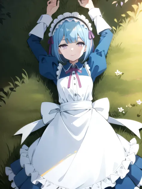 tall body, tall, long legs, mature female, high quality solo, cowboy shot, lying, on back, on grass, spread arms, shy smile, arms up, closed mouth, eft_vermeil_blue, short hair, blue hair, 1girl, maid headdress, purple eyes, long sleeves, maid, ribbon, dre...