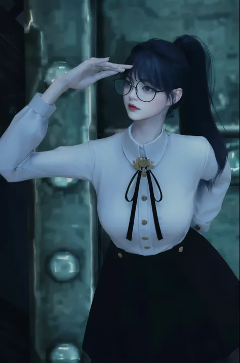 il y a une femme avec des lunettes et une chemise blanche qui pose, uniforme scolaire magique, inspired by Sim Sa-jeong, Uniforme d&#39;student of the&#39;magic school, Uniforme JK, uniforme magique, a hyperrealistic , hyperrealistic , realistic , inspired...