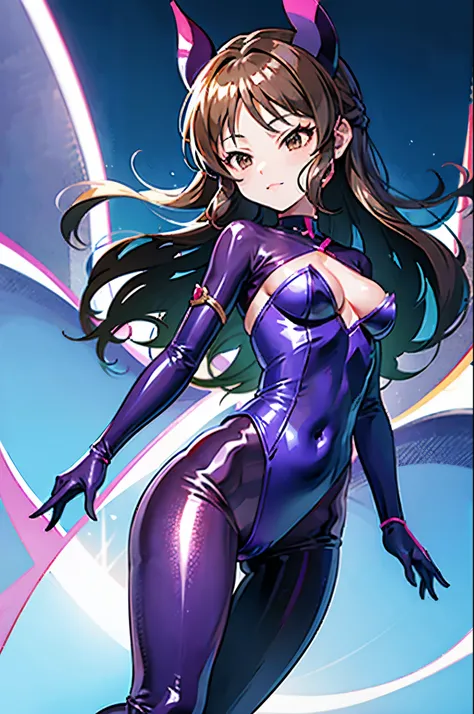 draw the face carefully　Anime style high quality face　super shiny skin　black and purple leotard with red trim　Pink pantyhose　succubus　lure　smile　Rear view