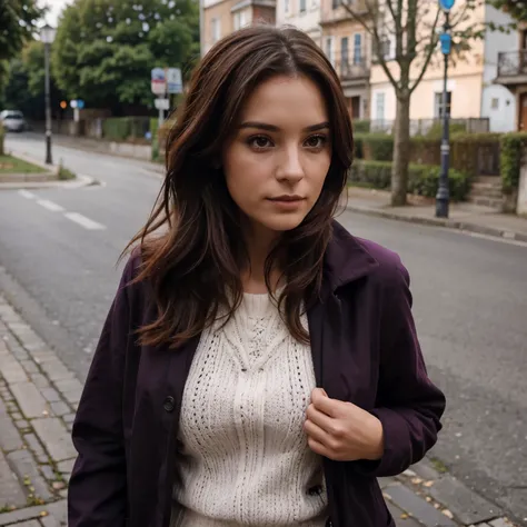 Une fille mignonne age 30 ans 1m68 brune cheveux courts avec un look de randonneurs une veste de couleur violet rose avec un chien un bas rouge noir 