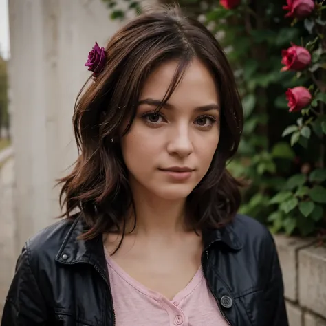 Une fille mignonne age 30 ans 1m68 brune cheveux courts avec un look de randonneurs une veste de couleur violet rose avec un chien un bas rouge noir 