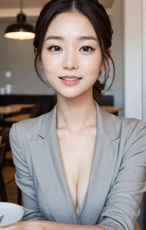 NSFW,table top,(Super high quality),japanese girl,Delicate face during lunch,delicate skin,delicate nose,delicate lips,delicate hair,beautiful face,angle facing the viewer,laugh and have fun,stylish cafe,beautiful cityscape,smooth semi-long chignon,delicat...