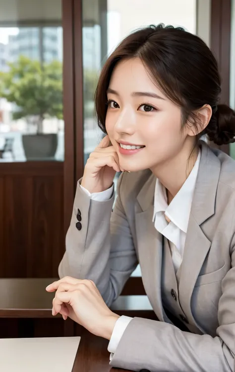 table top,(Super high quality),japanese girl,Delicate face during lunch,delicate skin,delicate nose,delicate lips,delicate hair,beautiful face,angle facing the viewer,laugh and have fun,stylish cafe,beautiful cityscape,smooth semi-long chignon,delicate eye...