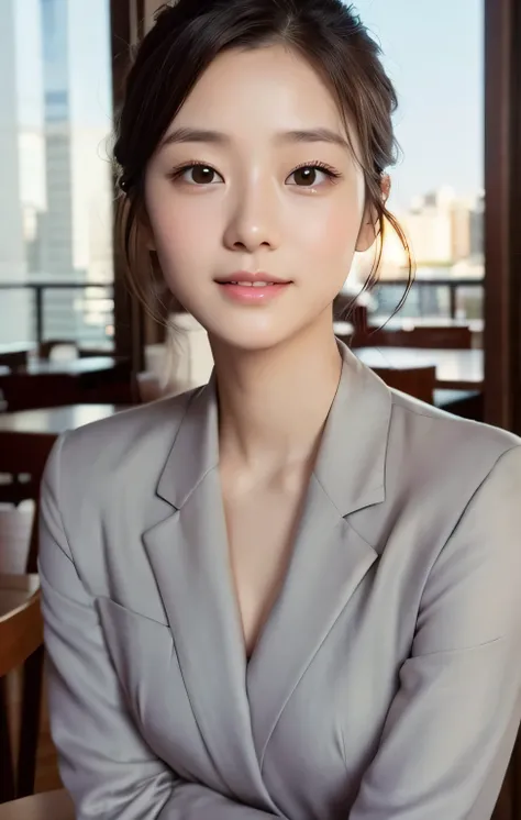 NSFW,table top,(Super high quality),japanese girl,Delicate face during lunch,delicate skin,delicate nose,delicate lips,delicate hair,beautiful face,angle facing the viewer,laugh and have fun,stylish cafe,beautiful cityscape,smooth semi-long chignon,delicat...