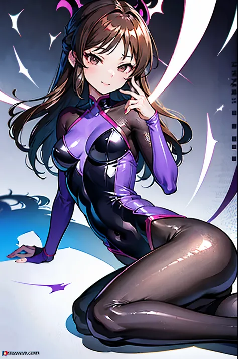 Adult-like body type　draw the face carefully　Anime style high quality face　super shiny skin　Black and purple leotard　Pink pantyhose　succubus　lure　smile　lie down