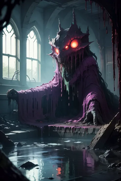 A tentacled monster resides in a noxious lair, bathed in a putrid glow of blood and greenish light. Its purple-hued, toxic essence seeps out, inspiring poison and perdition. The air around it reeks of decay, as decomposing corpses cling to its gnarled tent...