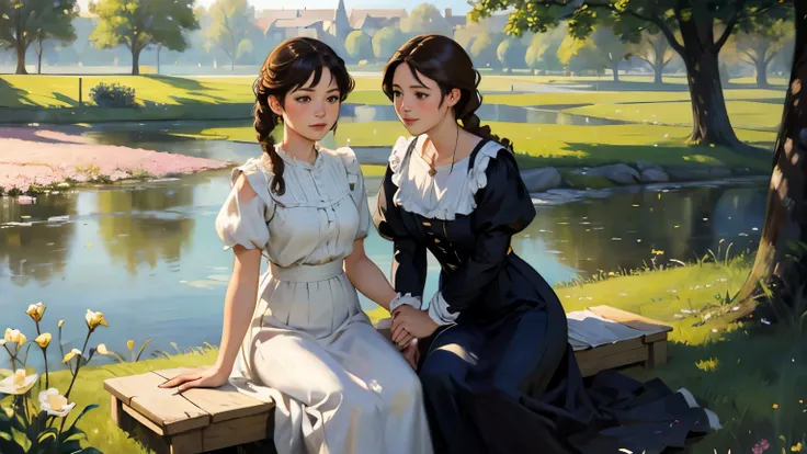 (Sargent style watercompressionist style painting、Renoir style、(highest quality、masterpiece)、soft light、view of the cotswolds,old farmhouse、stream、flowers bloom、two women、dark brown hair、braided hair、White blouse and long skirt、picnic、Tea set、drink tea tog...