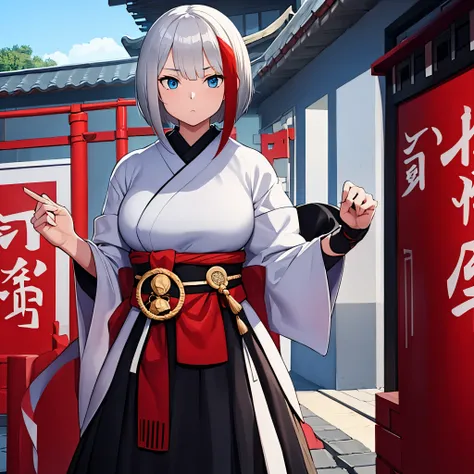 A girl wearing heavy samurai armor outside a dojo, short silver hair, a red fringe, blue eyes.
