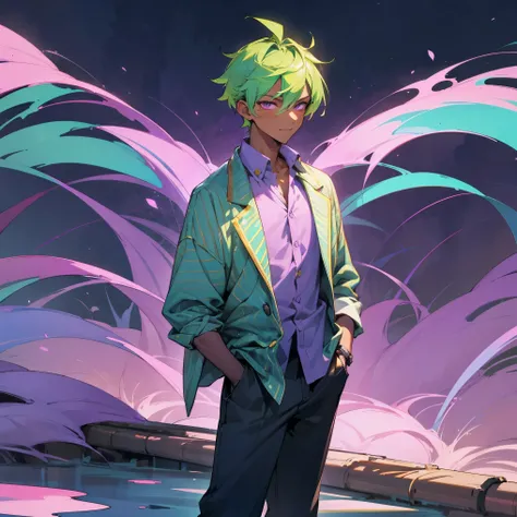 1male, adult, dark skin, finely detailed violet eyes, short messy hair, neon green ombré hair color, undercut, loose button down, casual clothes, loose baggy pants, standing with arms folded, standing on open trail, night, confident smile, village, serious...