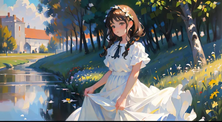 (Sargent style watercompressionist style painting、Renoir style、(highest quality、masterpiece)、soft light、view of the cotswolds,old farmhouse、stream、flowers bloom、one woman、dark brown hair、braided hair、White blouse and long skirt、picnic、Standing on a hill、bl...