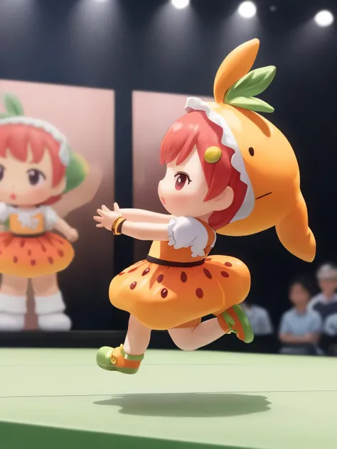 blindbox、Chibi girl acting on stage、wearing a cute fruit costume、action、jump、Take a photo from the side