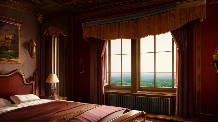 castle room, castle room, castle wall, window with a view of natural landscape, window with curtains, bed, king bed