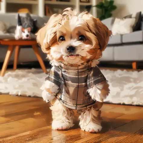 little cute maltipo dog, beige color, standing on two legs, dress with black and beige checkered sweater(masterpiece) 4k, HD, living room background