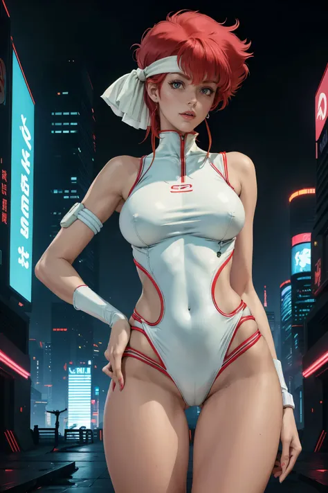 Very skinny Kei from The Dirty Pair, emaciated, wearing a tight white outfit, skinny frame, skinny legs, medium breast, red hair beauty, cyberpunk city background, holding retro space-gun, green headband, slim waist, very slim thighs, very skinny thighs, v...