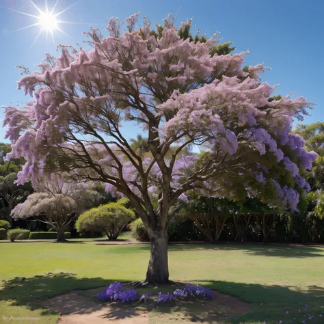 draw a single Jacaranda with a large, thick trunk, en un paisaje a la distancia, con trigo y sin nubes