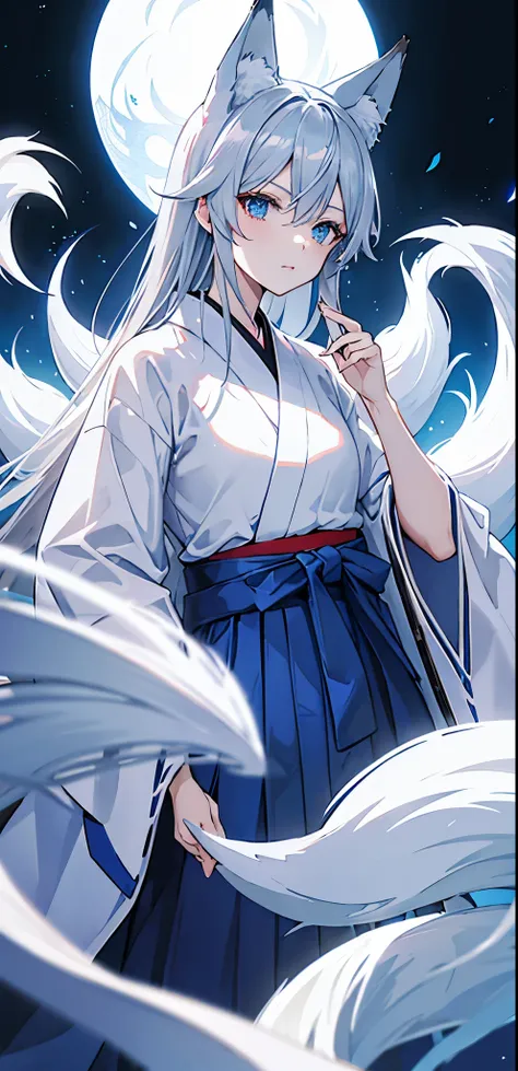 gray hair、blue eyes、Hakama、fox ears、fox tail、Blue aura