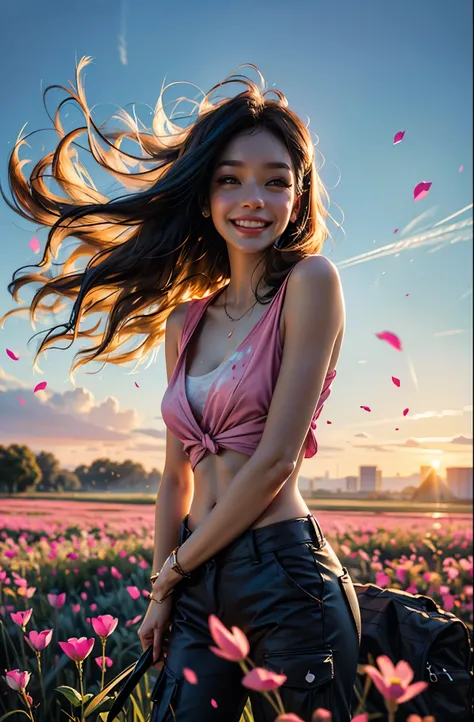 award winning digital art, half body portrait of a beautiful woman in a pink silk shirt no sleeve and cargo pants with navy blue teal hairstyle with head in motion and long hair flying, big smile, Happy, sexy,  in a flower field, golden sunset, particles d...