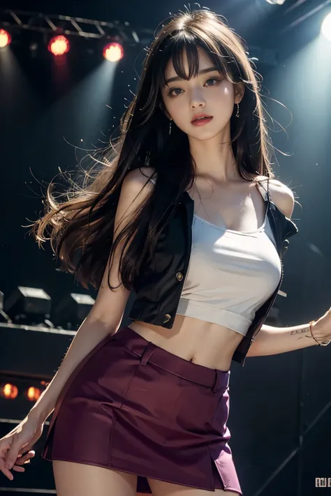 Straight straight hair, hair bang, ribbon hair pin, ideal tits, purple off shoulder sleeveless t-shirts, blazer outwear, stomach, skirt, standing in stage, chest shoot focus