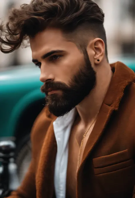 Homem lindo de terno ,barba , cabelo curto, raspado dos lado , executivo, urban Scenario