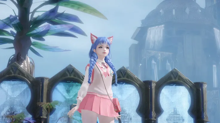 anime girl in pink outfit standing in front of a building, cheveux roses et yeux cyan, jolie fille chat, fille chat blanc, lineage revolution style 2, très belle fille chat anime, atelier lulua, <MMORPGS scene, style final fantasy 14, Belle capture d&#39;s...