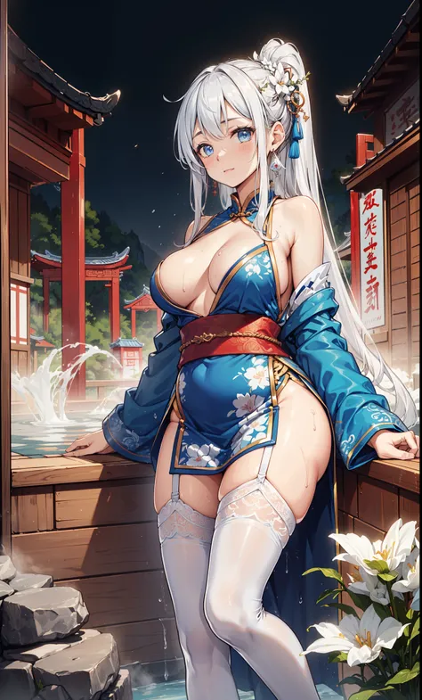 top quality，best resolution，(Soaked的白色长旗袍），super detailed, White double ponytail hair，20 years old young girl，Gorgeous的雕纹，Design intricate clothes，blue eyes，she has earrings, wealth，Gorgeous， imagine，Elegant and charming，Slightly curvy figure，((White trans...