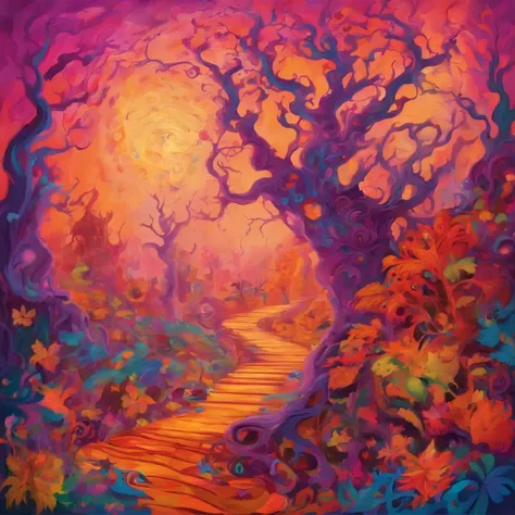 "(best quality, , super detailed), Goddess casts glorious mystical spell over haunted forest, orange and purple tones, portrait, bright colors, extremely detailed description, sharp focus, Physically based rendering, studio lighting, Fear, witch, magic, st...