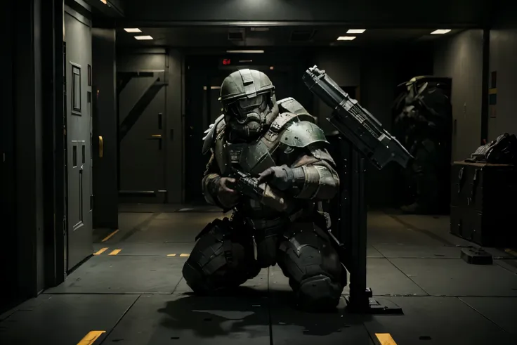 a dwarf in spartan armor kneeling and firing a rifle down a corridor, halo spartan armored dwarf, photo realistic, hyper realistic, space station battle scene, boarding action, masterpiece, best 