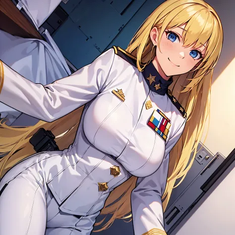 a woman in white military clothing, in a military room, long blonde hair, blue eyes, smiling
