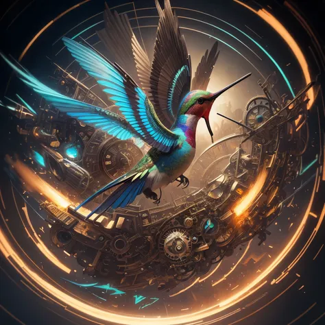 masterpiece, hummingbird, steampunk, dieselpunk, clockpunk, blend art, mixture art, fractal art, art design, motion-blur, action-lines, speed-lines